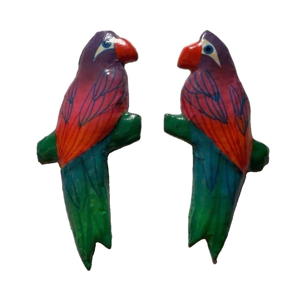Vintage 80s Hand Painted Wood Parrot Clip On Earrings Tropical Statement 3.25"